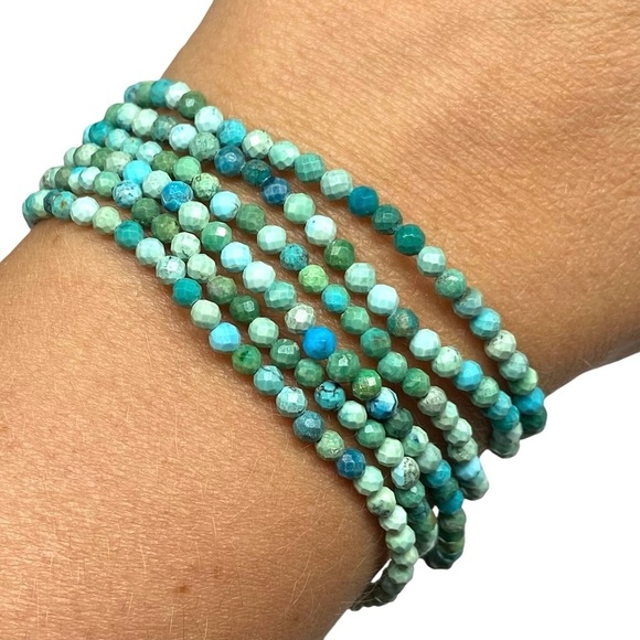 3mm Chrysocolla Beaded Stretch Bracelet Blue Green Aqua Turquoise Stone Faceted - Picture 4 of 9